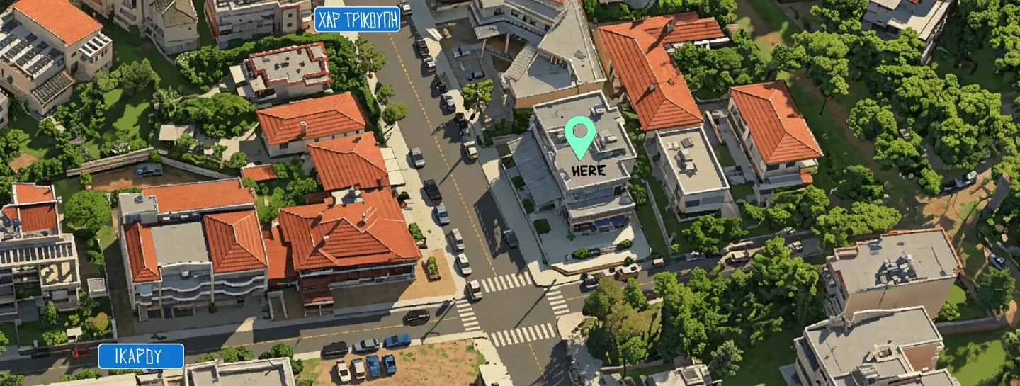 Αεροφωτογραφία με σημειωμένα τα γραφεία της Radical Elements στη Χαριλάου Τρικούπη 155, Κηφισιά