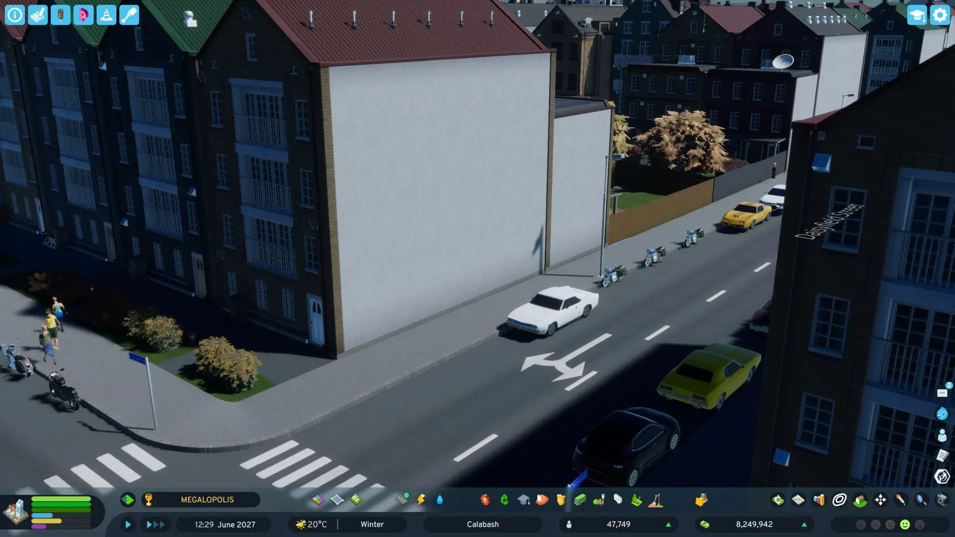 In-game view of a pristine, perfectly clean urban street in Cities: Skylines 2 with no visible wear or grime.