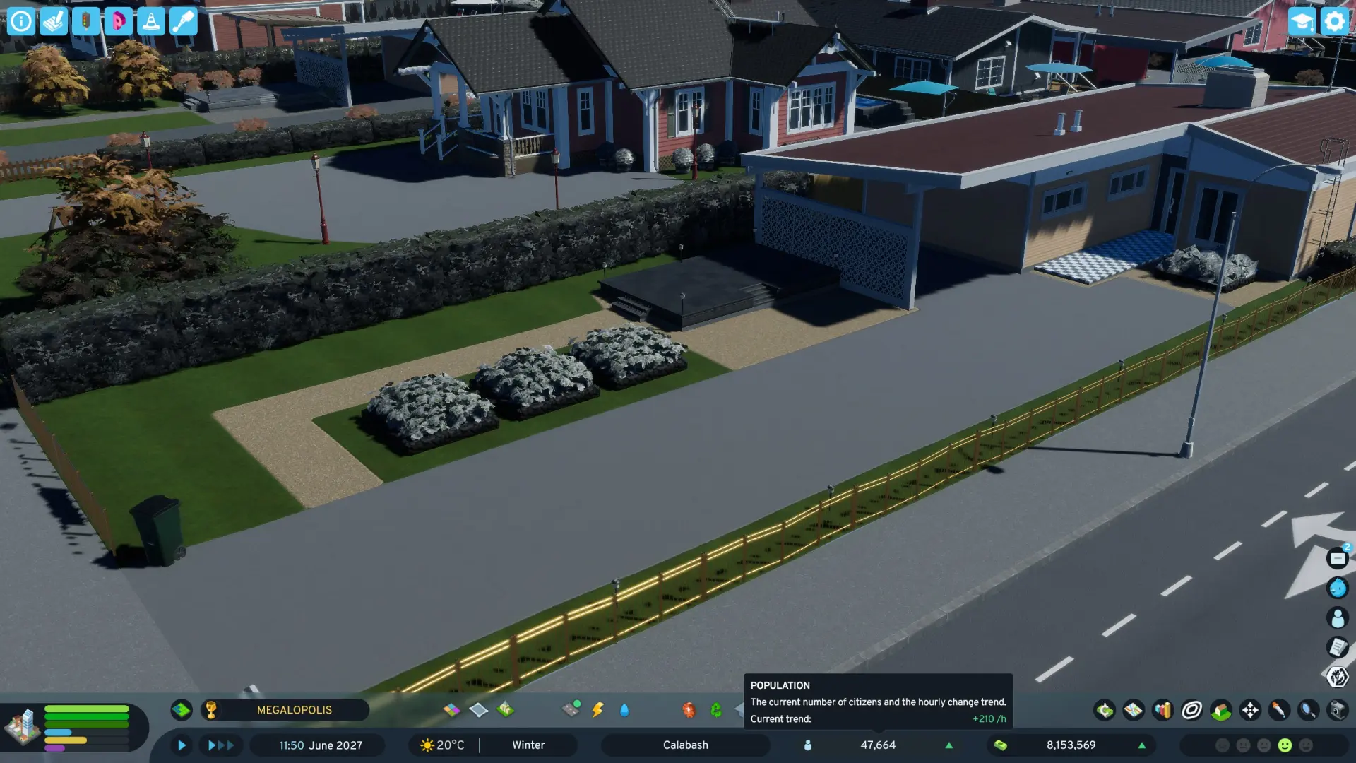 In-game residential area in Cities: Skylines 2 with perfectly manicured, uniform green square lawns and sterile balconies.