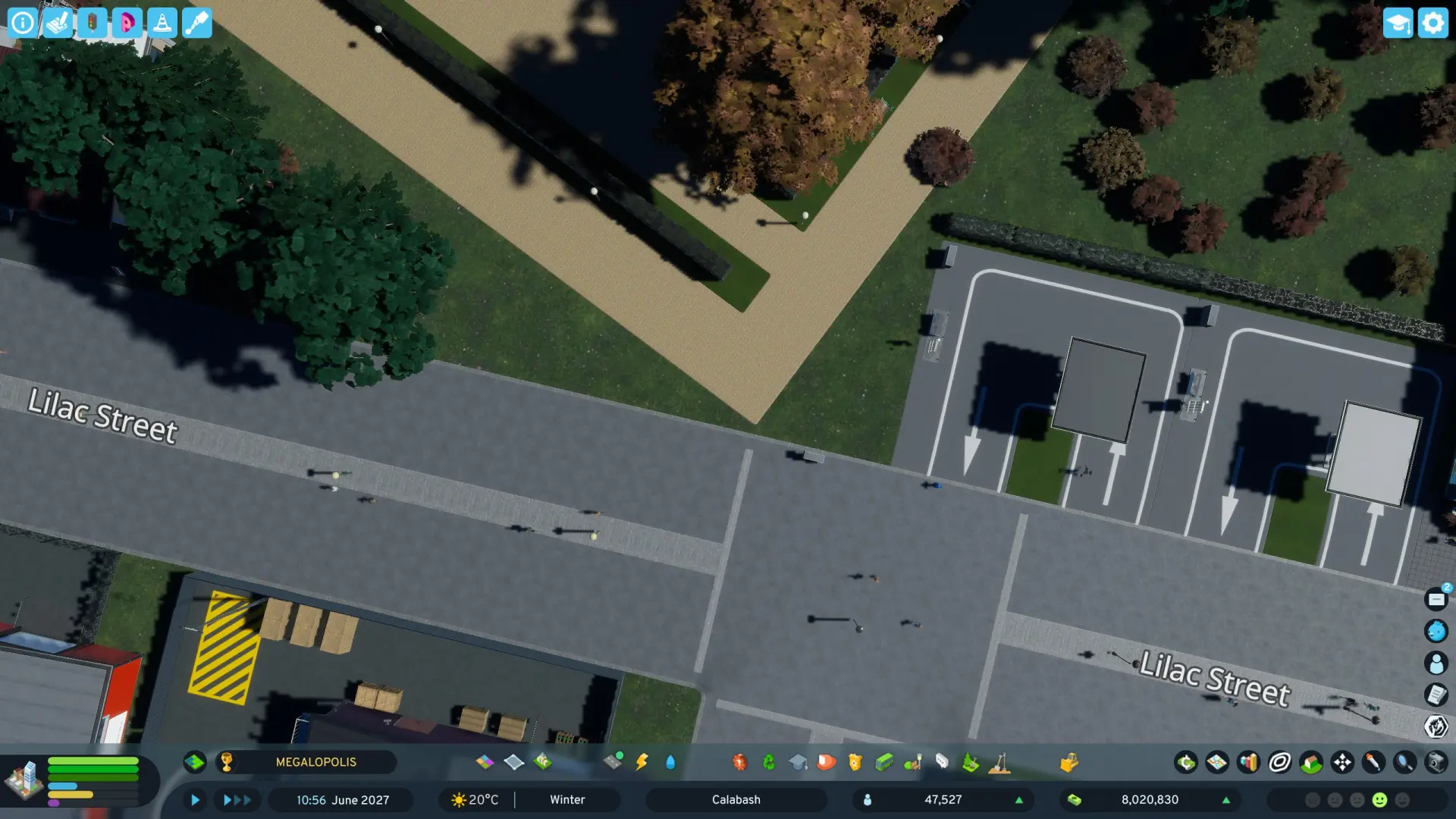 Default Cities: Skylines 2 street view showing a plain, sterile urban corner lacking surface detail.