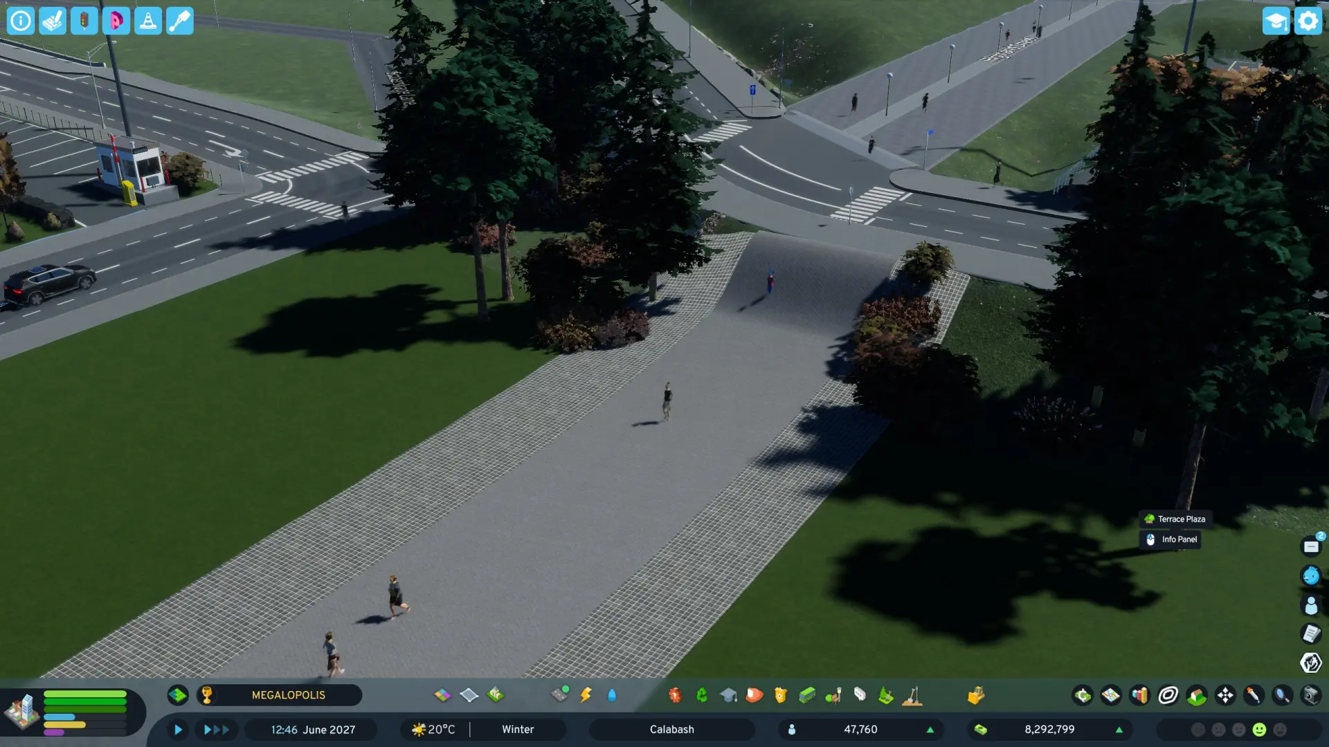 In-game screenshot showing awkward elevation changes and steep ground slopes without pedestrian stairs in Cities: Skylines 2.